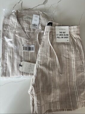 A&F Beige Striped Linen-Blend Shirt & Pull-On Shorts Matching Set XS
